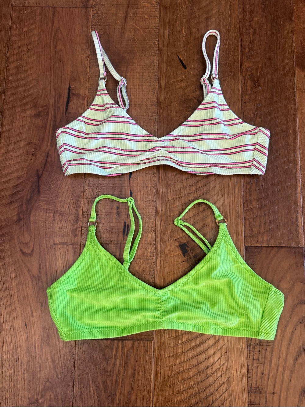 Aerie Women’s Large Ribbed Bikini Tops Bundle – Green & Pink Swim Tops (2)